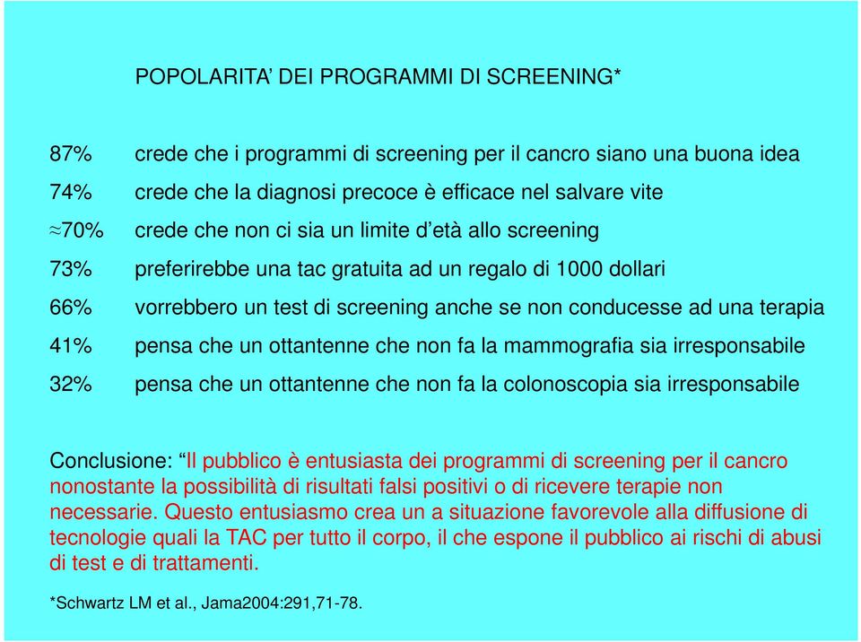 che non fa la mammografia sia irresponsabile 32% pensa che un ottantenne che non fa la colonoscopia sia irresponsabile Conclusione: Il pubblico è entusiasta dei programmi di screening per il cancro