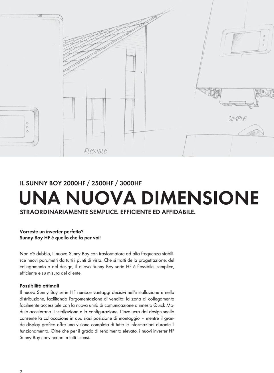 Che si tratti della progettazione, del collegamento o del design, il nuovo Sunny Boy serie HF è fl essibile, semplice, effi ciente e su misura del cliente.