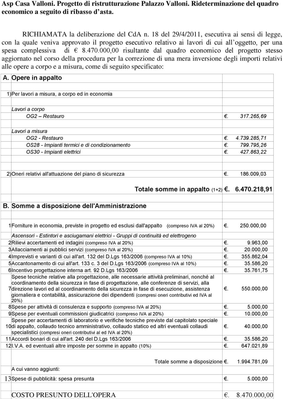 000,00 risultante dal quadro economico del progetto stesso aggiornato nel corso della procedura per la correzione di una mera inversione degli importi relativi alle opere a corpo e a misura, come di