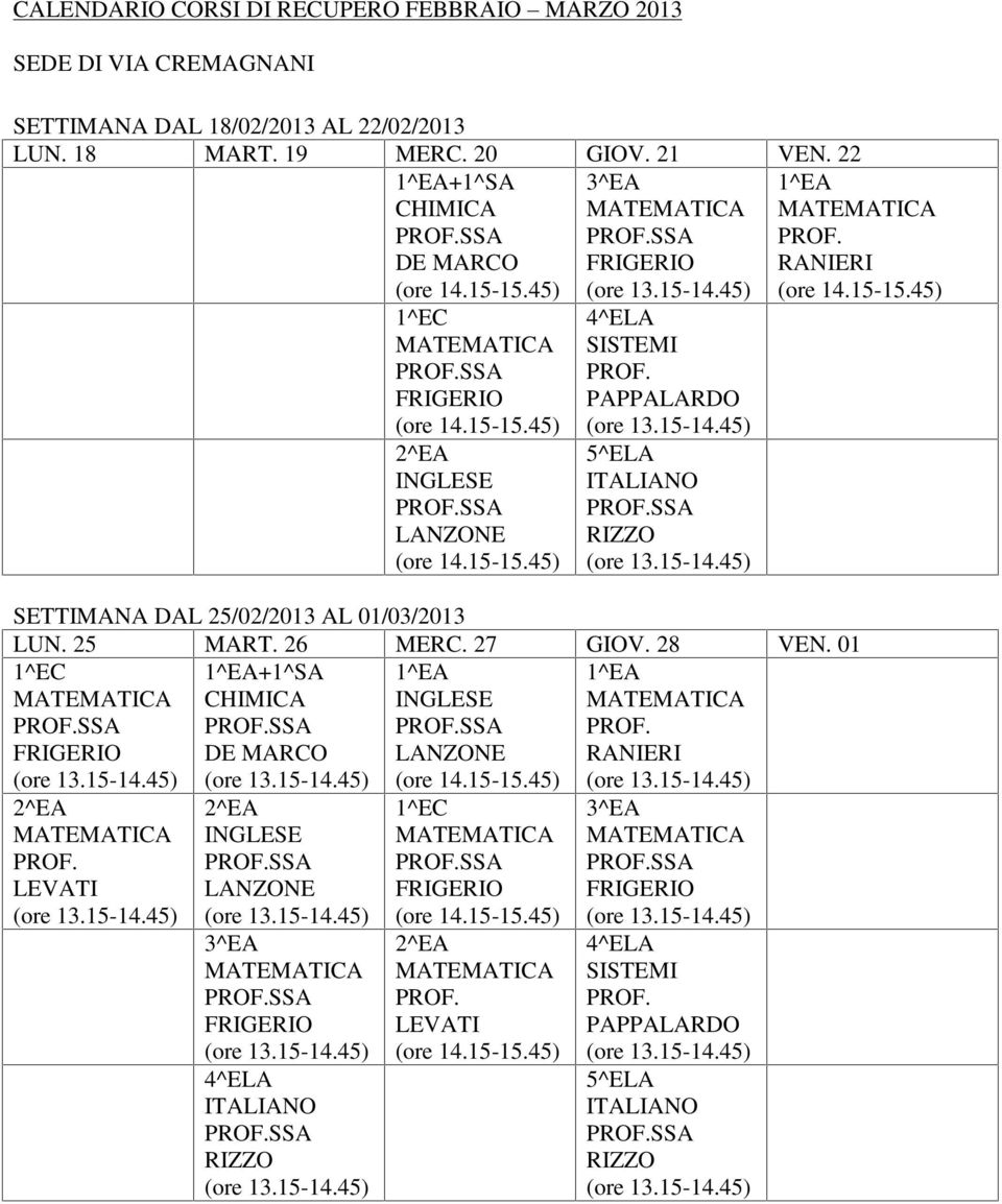 22/02/2013 +1^SA SETTIMANA DAL 25/02/2013 AL