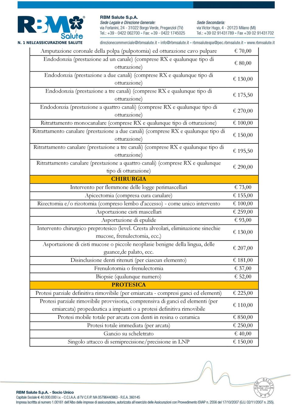 Ritrattamento monocanalare (comprese RX e qualunque tipo di 100,00 Ritrattamento canalare (prestazione a due canali) (comprese RX e qualunque tipo di 150,00 Ritrattamento canalare (prestazione a tre