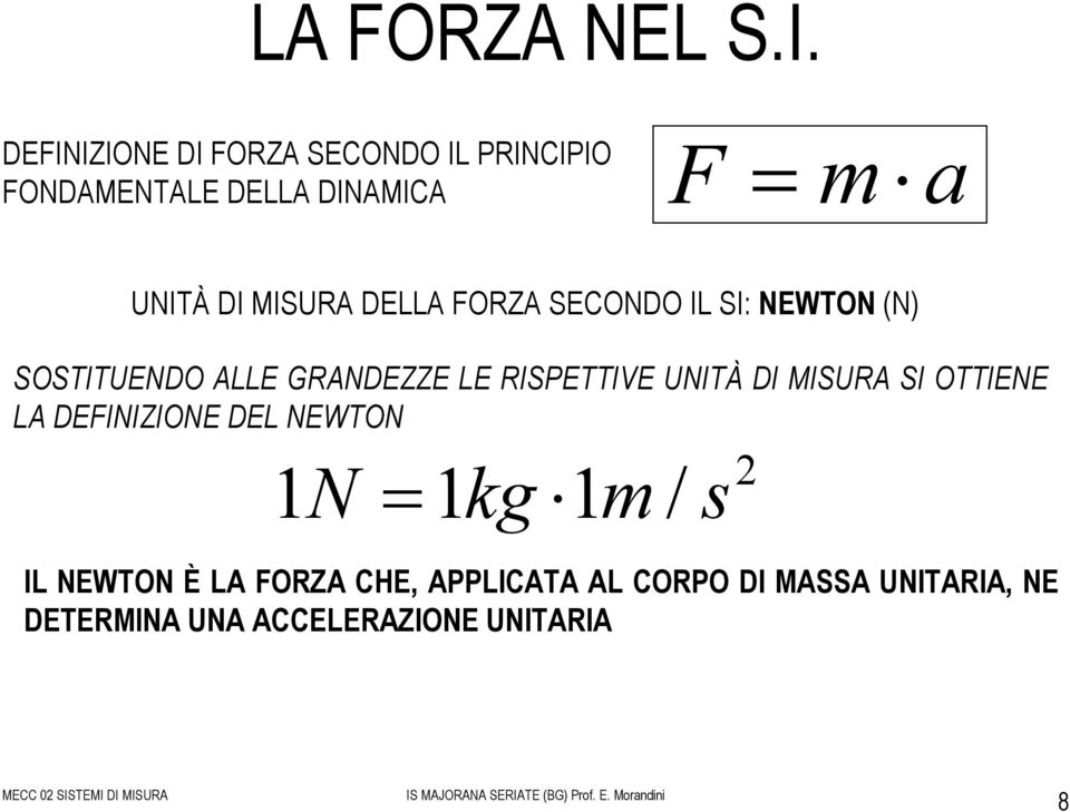 MISURA DELLA FORZA SECONDO IL SI: NEWTON (N) SOSTITUENDO ALLE GRANDEZZE LE RISPETTIVE UNITÀ