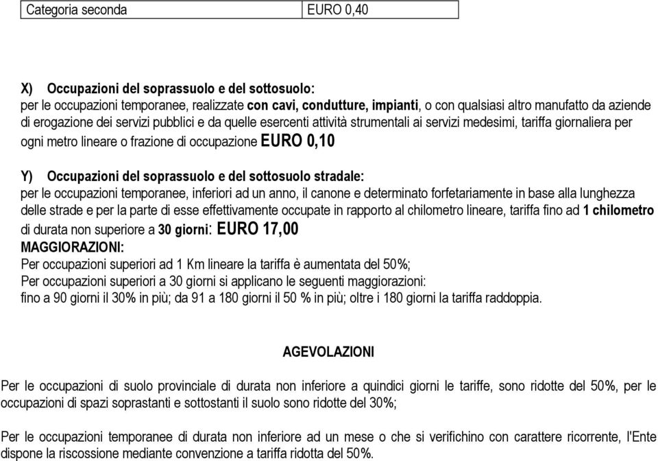 soprassuolo e del sottosuolo stradale: per le occupazioni temporanee, inferiori ad un anno, il canone e determinato forfetariamente in base alla lunghezza delle strade e per la parte di esse