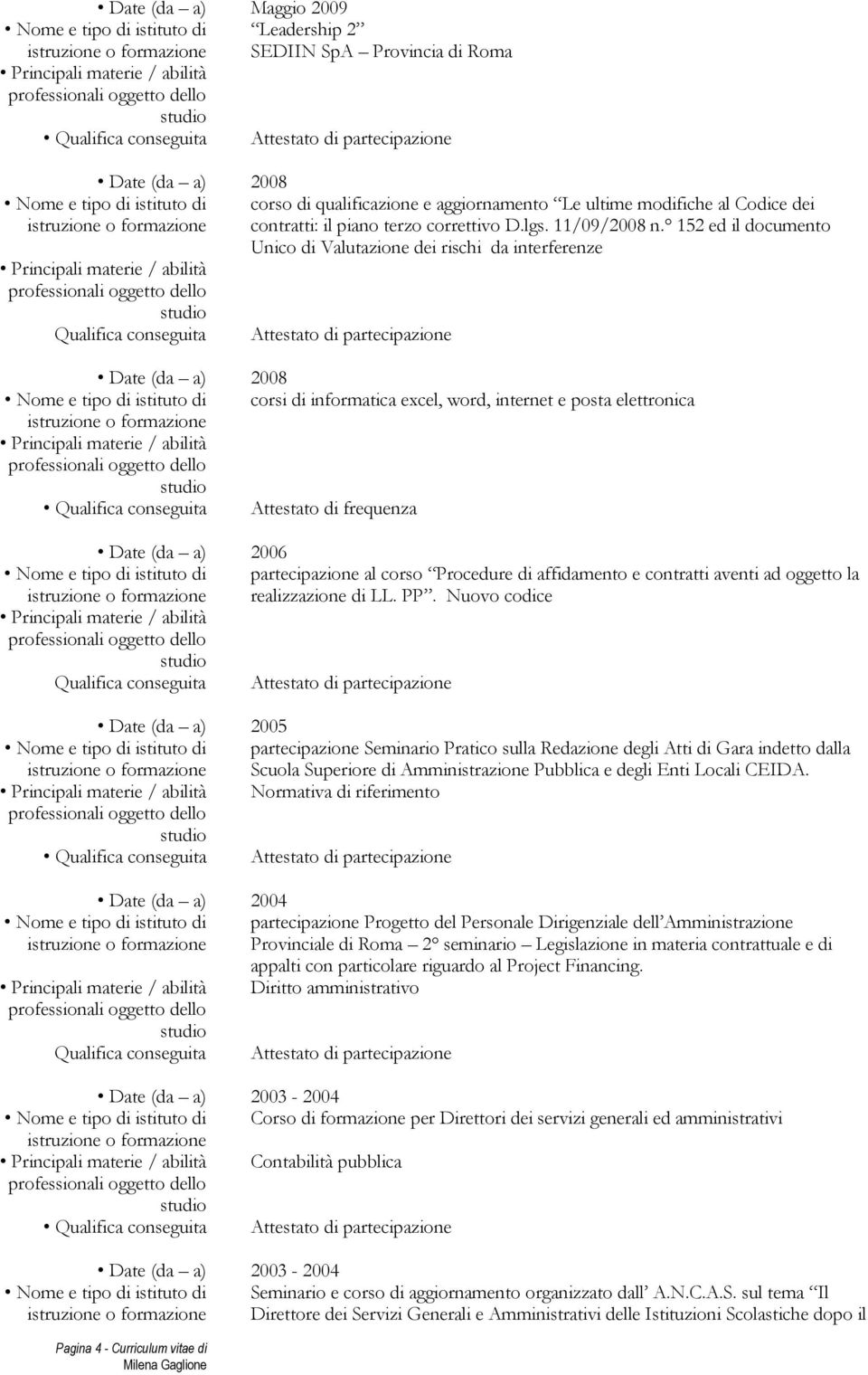 152 ed il documento Unico di Valutazione dei rischi da interferenze Date (da a) 2008 corsi di informatica excel, word, internet e posta elettronica Attestato di frequenza Date (da a) 2006