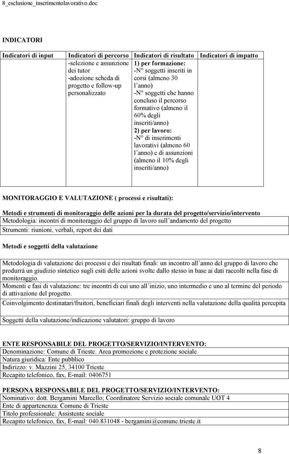 (almeno 60 l anno) e di assunzioni (almeno il 10% degli inseriti/anno) MONITORAGGIO E VALUTAZIONE ( processi e risultati): Metodi e strumenti di monitoraggio delle azioni per la durata del