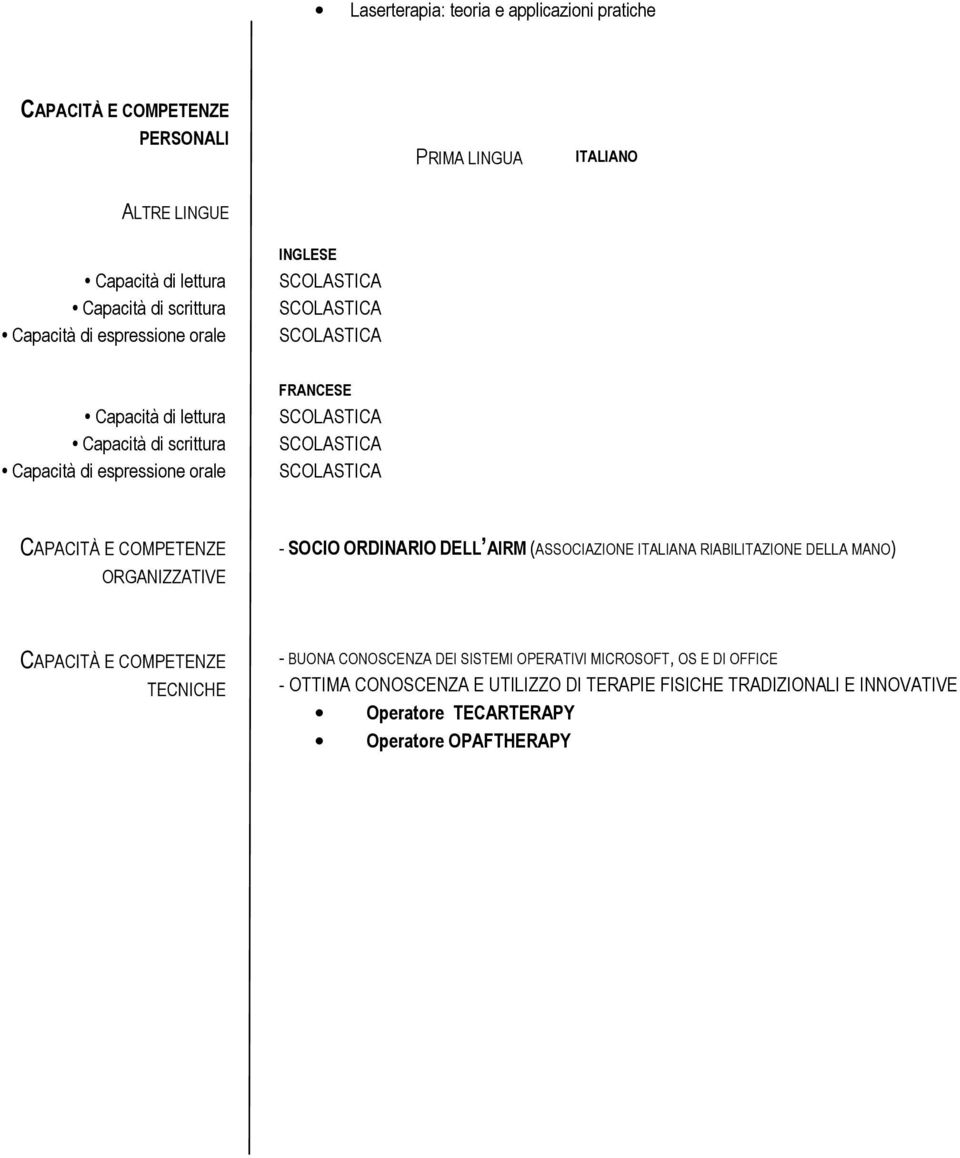 SOCIO ORDINARIO DELL AIRM (ASSOCIAZIONE ITALIANA RIABILITAZIONE DELLA MANO) TECNICHE - BUONA CONOSCENZA DEI SISTEMI OPERATIVI