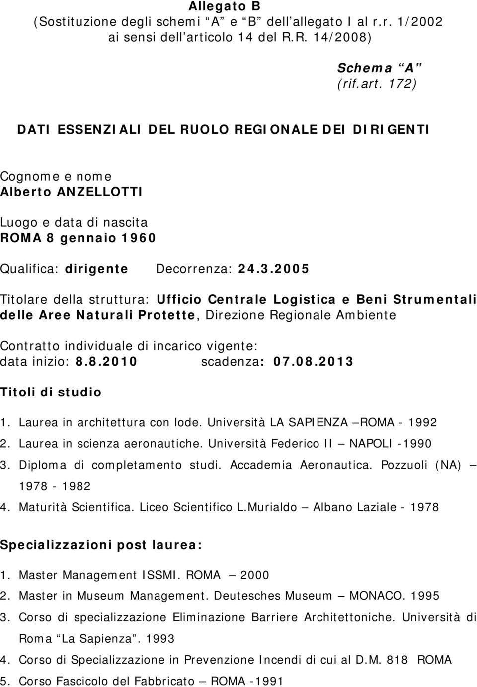 172) DATI ESSENZIALI DEL RUOLO REGIONALE DEI DIRIGENTI Cognome e nome Alberto ANZELLOTTI Luogo e data di nascita ROMA 8 gennaio 1960 Qualifica: dirigente Decorrenza: 24.3.