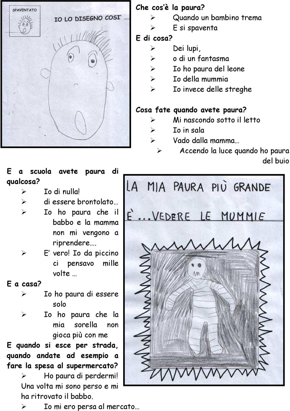 Mi nascondo sotto il letto Io in sala Vado dalla mamma Accendo la luce quando ho paura del buio E a scuola avete paura di qualcosa? Io di nulla!