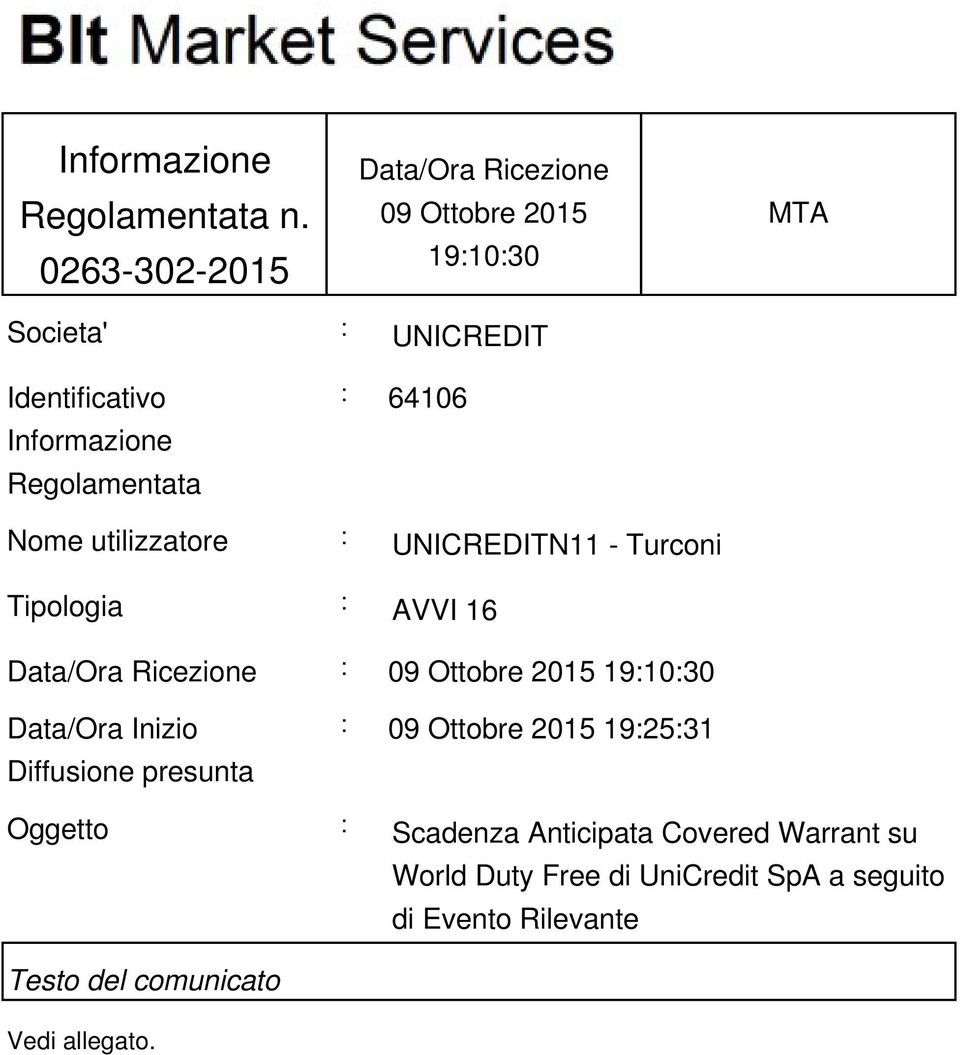 Regolamentata : 64106 Nome utilizzatore : UNICREDITN11 - Turconi Tipologia : AVVI 16 Data/Ora Ricezione : 09 Ottobre