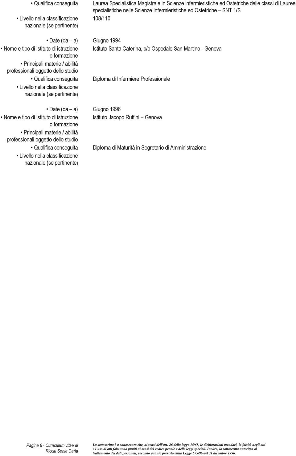 Martino - Genova Qualifica conseguita Diploma di Infermiere Professionale Livello nella classificazione Date (da a) Giugno 1996 Nome e tipo di istituto di