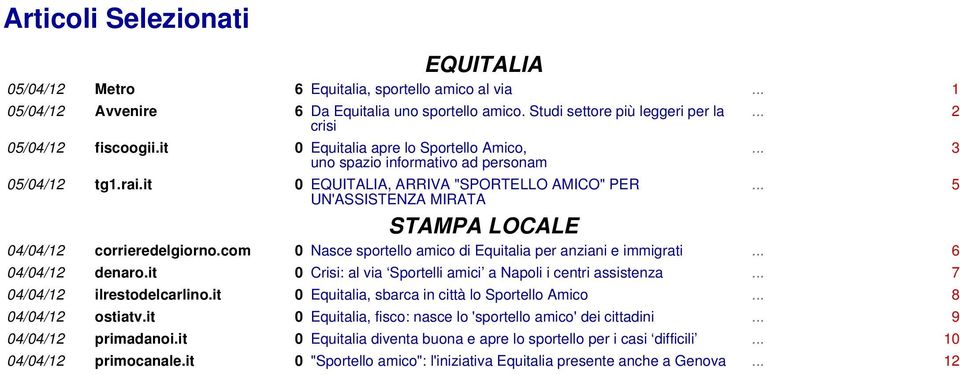 .. 5 STAMPA LOCALE 04/04/12 corrieredelgiorno.com 0 Nasce sportello amico di Equitalia per anziani e immigrati... 6 04/04/12 denaro.it 0 Crisi: al via Sportelli amici a Napoli i centri assistenza.