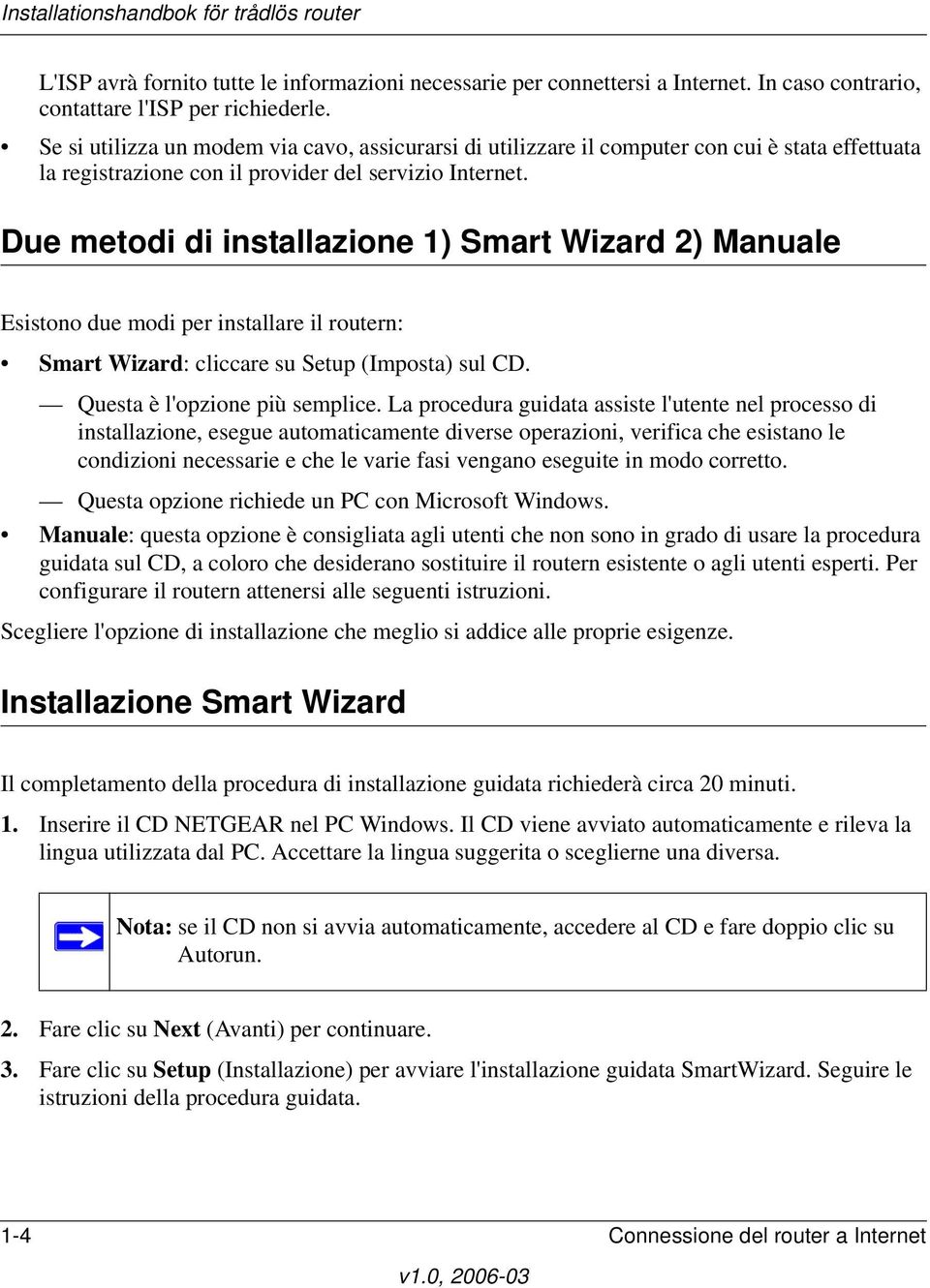 Due metodi di installazione 1) Smart Wizard 2) Manuale Esistono due modi per installare il routern: Smart Wizard: cliccare su Setup (Imposta) sul CD. Questa è l'opzione più semplice.