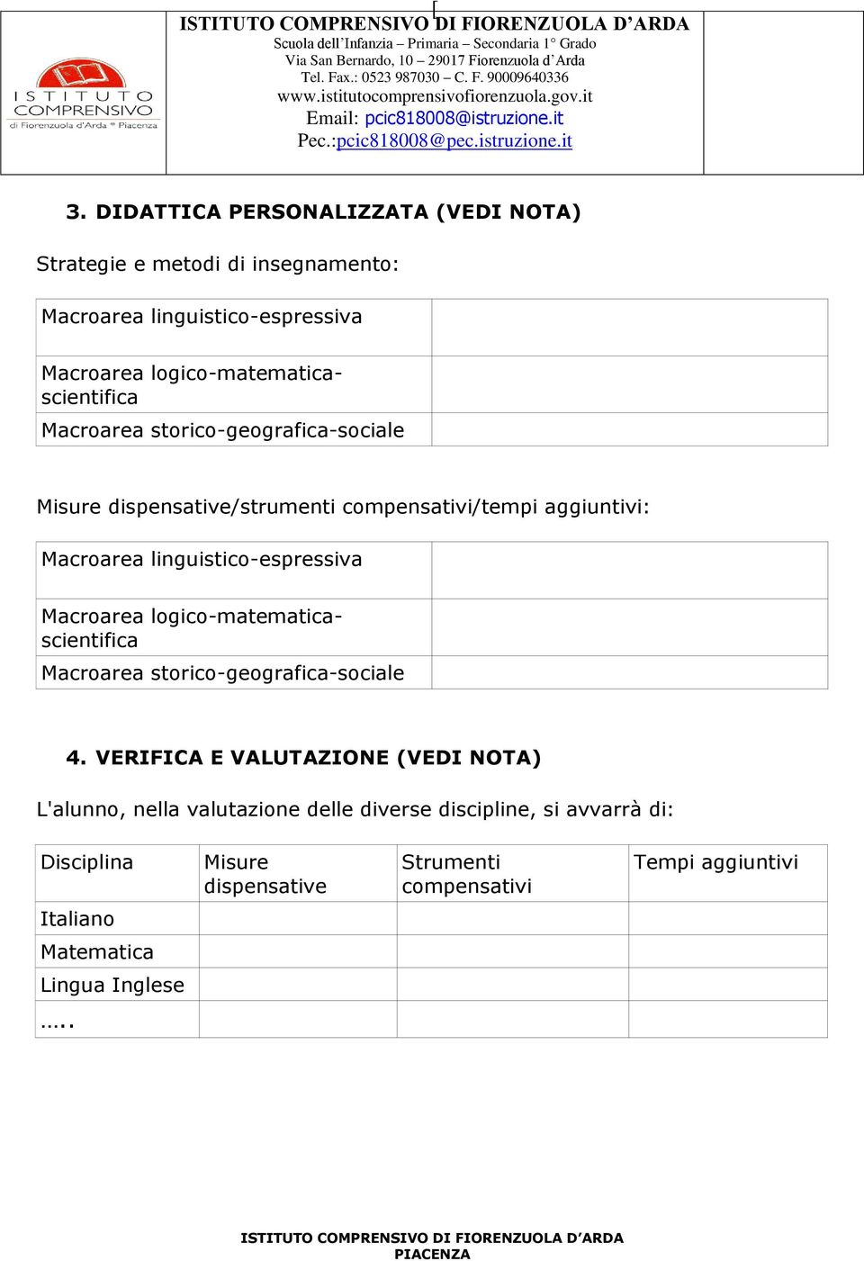 DIDATTICA PERSONALIZZATA (VEDI NOTA) Strategie e metdi di insegnament: Macrarea linguistic-espressiva Macrarea lgic-matematicascientifica Macrarea stric-gegrafica-sciale Misure