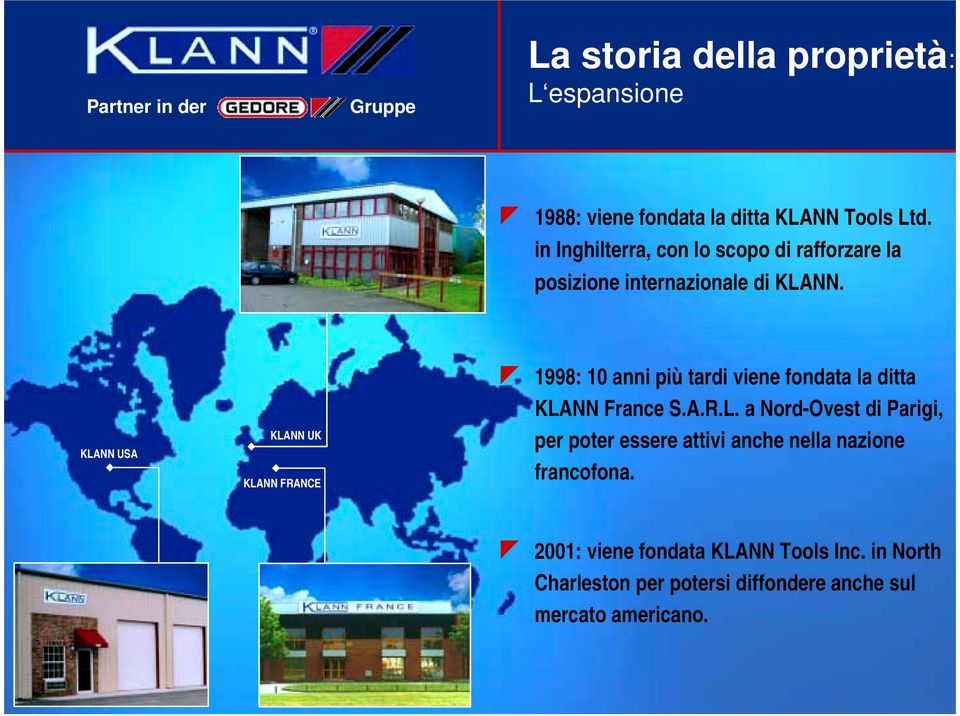 KLANN USA KLANN UK KLANN FRANCE 1998: 10 anni più tardi viene fondata la ditta KLANN France S.A.R.L. a Nord-Ovest di Parigi, per poter essere attivi anche nella nazione francofona.