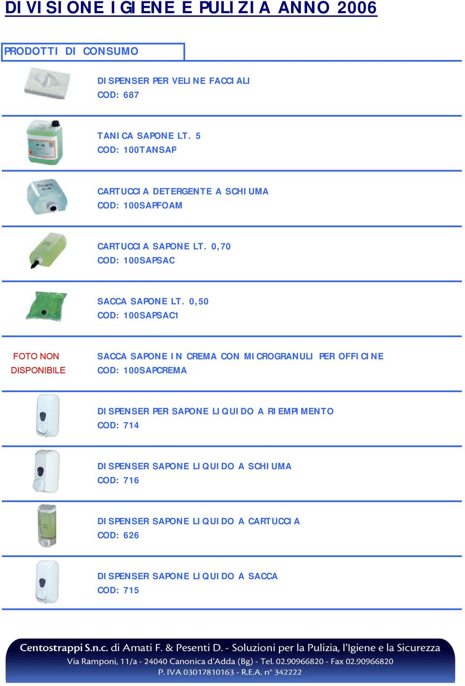 0,50 COD: 100SAPSAC1 FOTO NON DISPONIBILE SACCA SAPONE IN CREMA CON MICROGRANULI PER OFFICINE COD: 100SAPCREMA DISPENSER