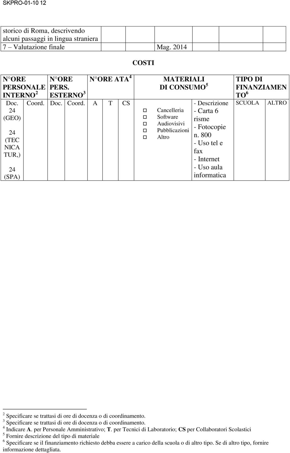 800 - Uso tel e fax - Internet - Uso aula informatica TIPO DI FINANZIAMEN TO 6 SCUOLA ALTRO 2 Specificare se trattasi di ore di docenza o di coordinamento.