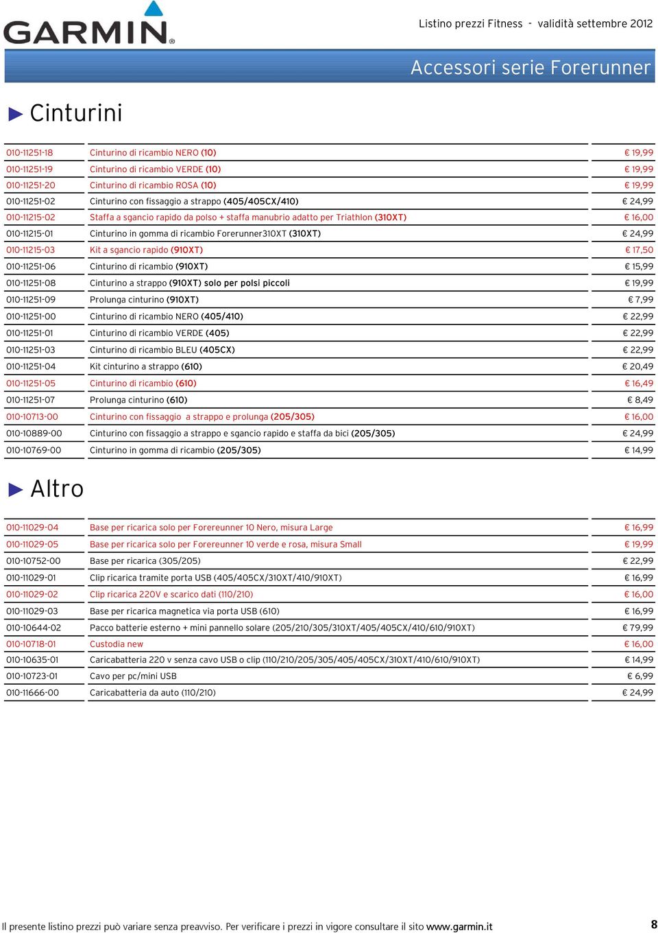di ricambio Forerunner310XT (310XT) 24,99 010-11215-03 Kit a sgancio rapido (910XT) 17,50 010-11251-06 Cinturino di ricambio (910XT) 15,99 010-11251-08 Cinturino a strappo (910XT) solo per polsi