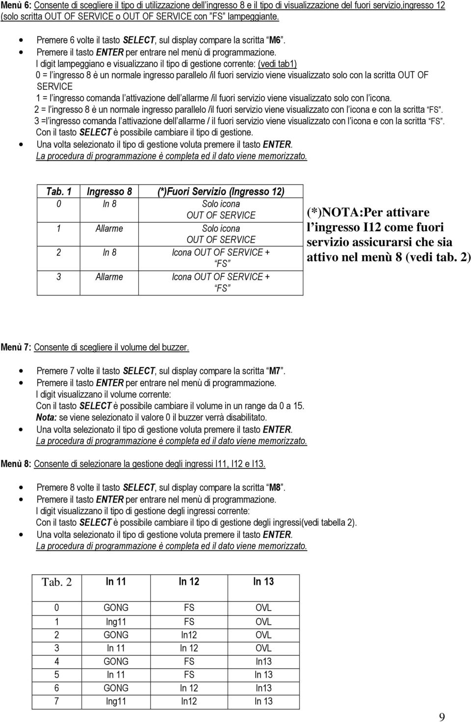 I digit lampeggiano e visualizzano il tipo di gestione corrente: (vedi tab1) 0 = l ingresso 8 è un normale ingresso parallelo /il fuori servizio viene visualizzato solo con la scritta OUT OF SERVICE