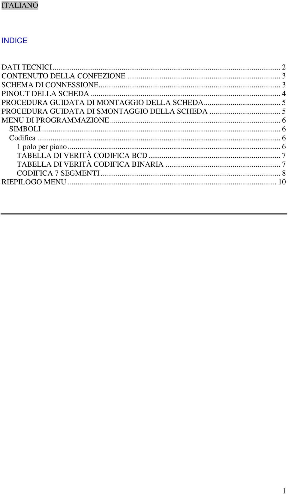 .. 5 PROCEDURA GUIDATA DI SMONTAGGIO DELLA SCHEDA... 5 MENU DI PROGRAMMAZIONE... 6 SIMBOLI... 6 Codifica.