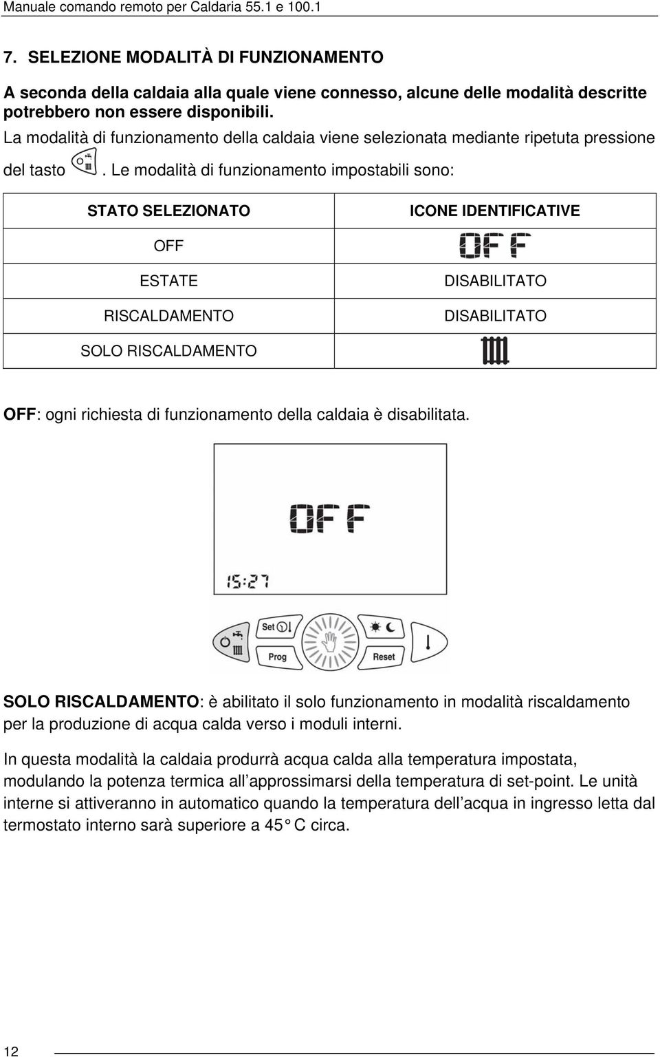 Le modalità di funzionamento impostabili sono: STATO SELEZIONATO ICONE IDENTIFICATIVE OFF ESTATE RISCALDAMENTO DISABILITATO DISABILITATO SOLO RISCALDAMENTO OFF: ogni richiesta di funzionamento della