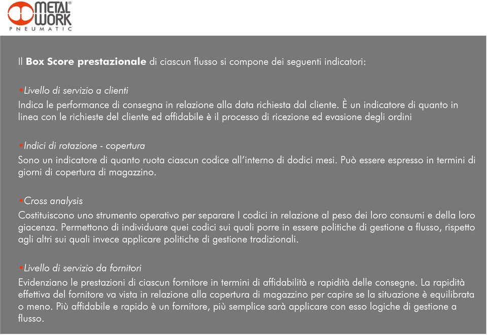 ciascun codice all interno di dodici mesi. Può essere espresso in termini di giorni di copertura di magazzino.