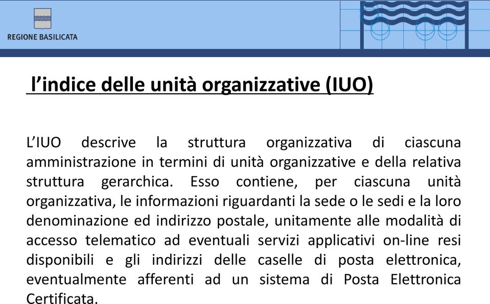 Esso contiene, per ciascuna unità organizzativa, le informazioni riguardanti la sede o le sedi e la loro denominazione ed indirizzo