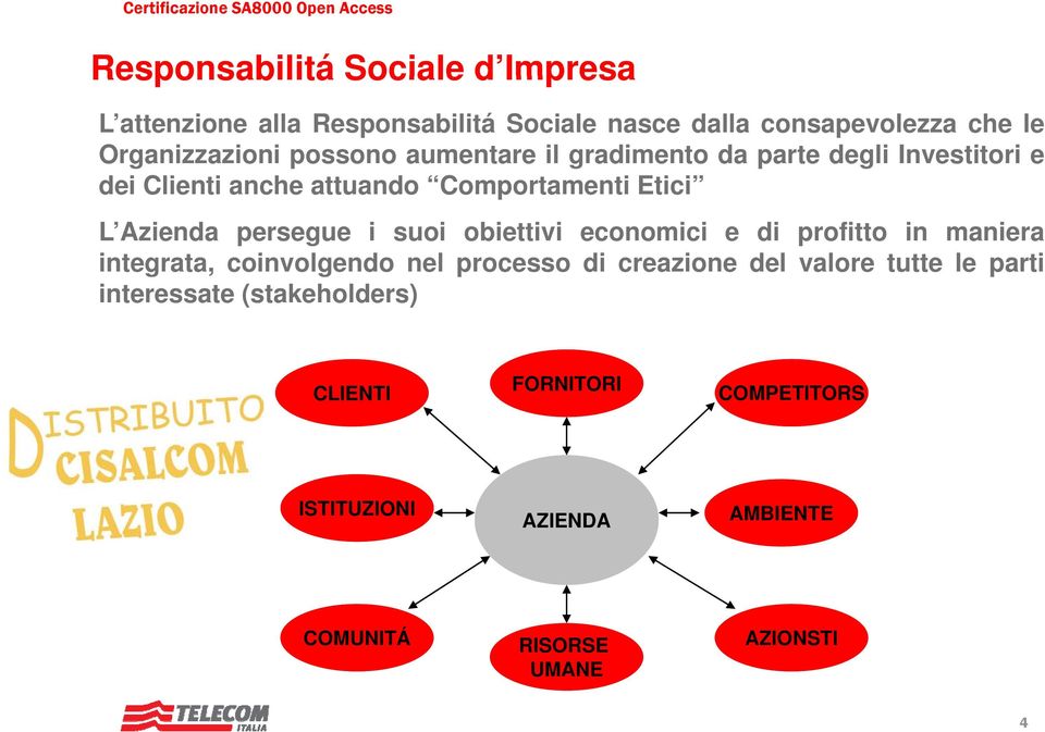 persegue i suoi obiettivi economici e di profitto in maniera integrata, coinvolgendo nel processo di creazione del valore