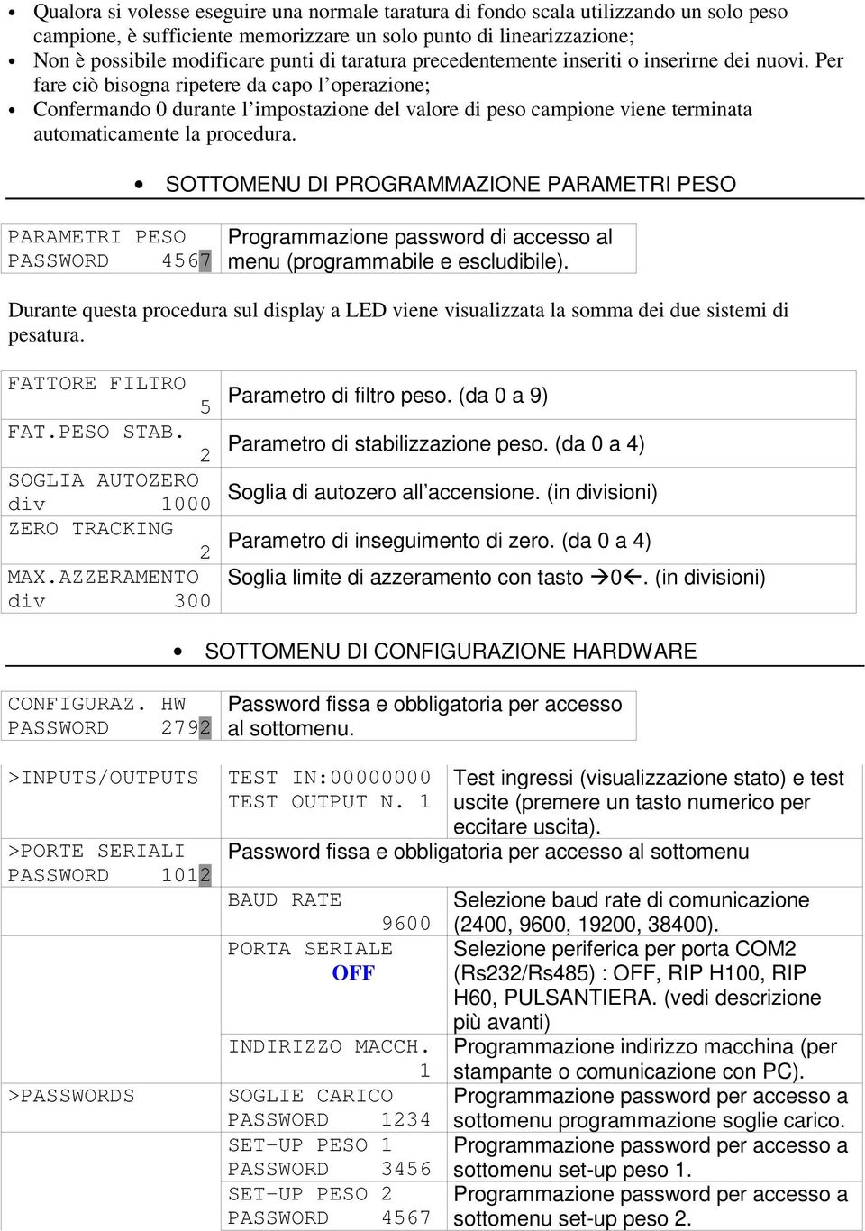 Per fare ciò bisogna ripetere da capo l operazione; Confermando 0 durante l impostazione del valore di peso campione viene terminata automaticamente la procedura.