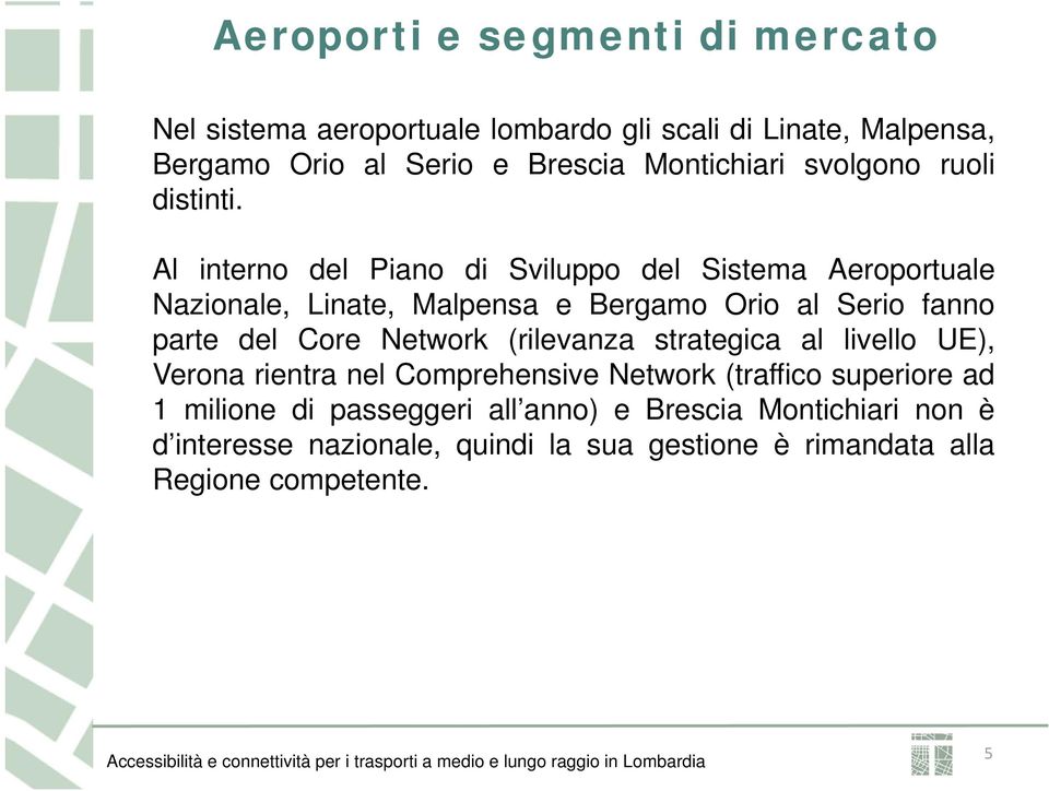 Al interno del Piano di Sviluppo del Sistema Aeroportuale Nazionale, Linate, Malpensa e Bergamo Orio al Serio fanno parte del Core Network