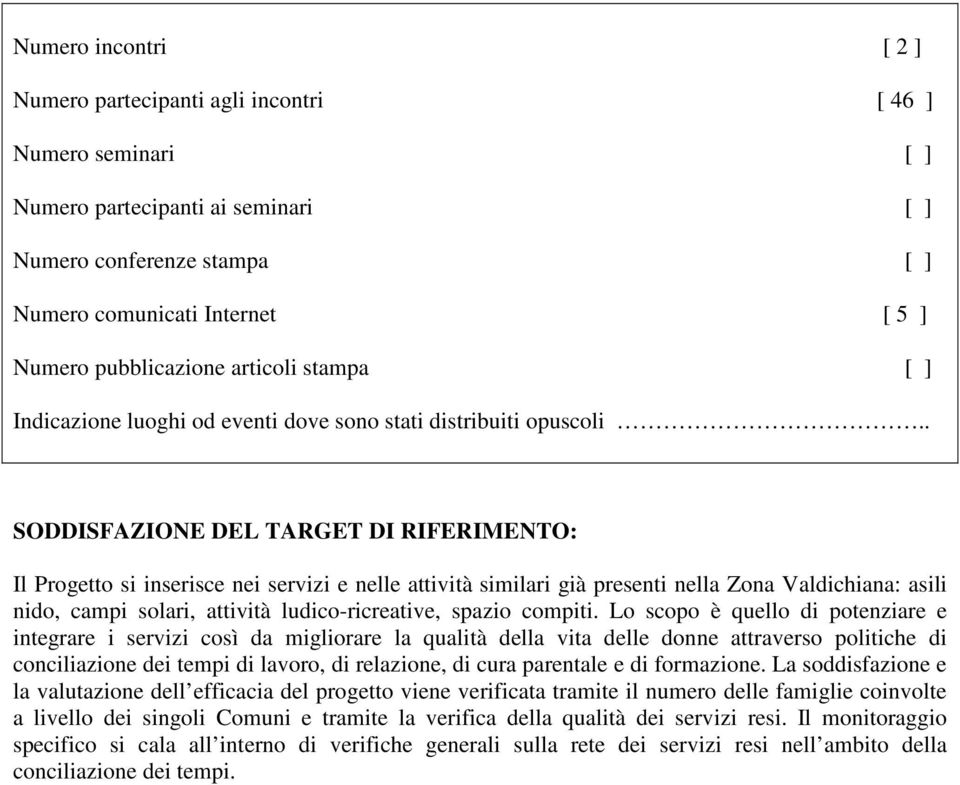 . SODDISFAZIONE DEL TARGET DI RIFERIMENTO: Il Progetto si inserisce nei servizi e nelle attività similari già presenti nella Zona Valdichiana: asili nido, campi solari, attività ludico-ricreative,