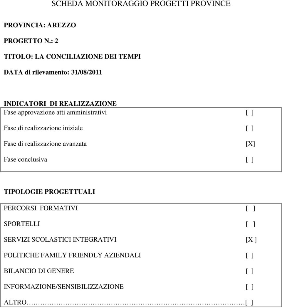 amministrativi [ ] Fase di realizzazione iniziale [ ] Fase di realizzazione avanzata Fase conclusiva [ ] TIPOLOGIE