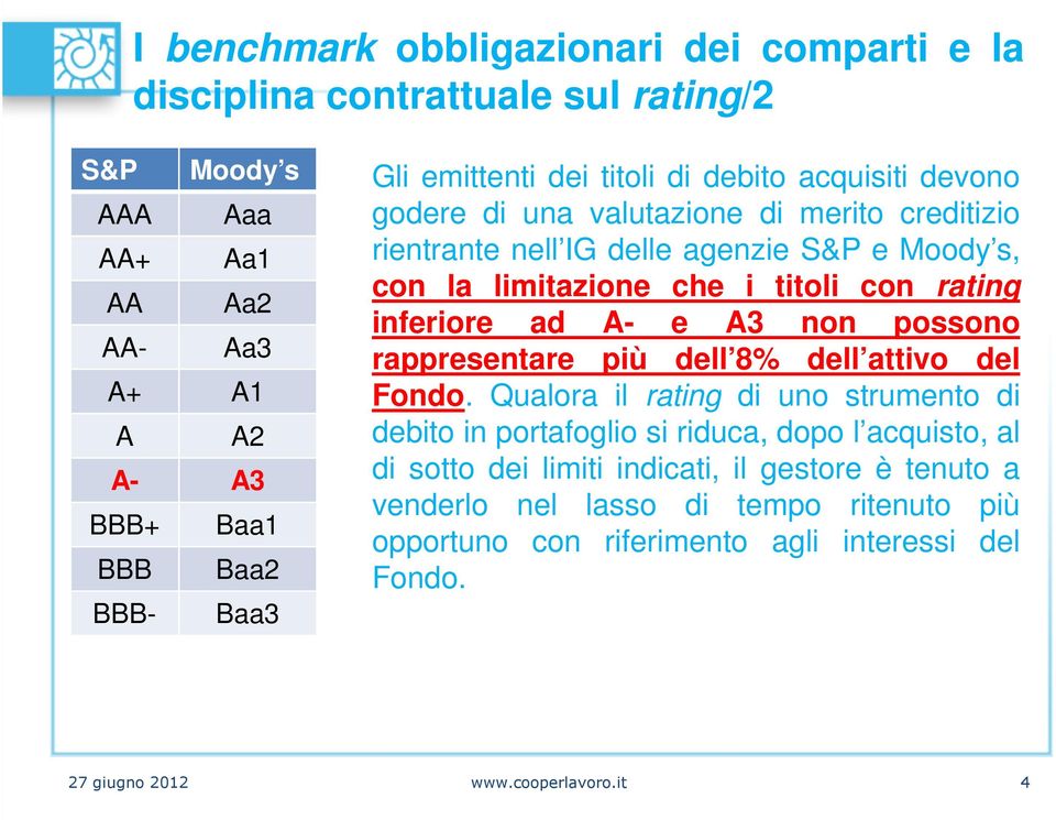 rating inferiore ad A- e A3 non possono rappresentare più dell 8% dell attivo del Fondo.