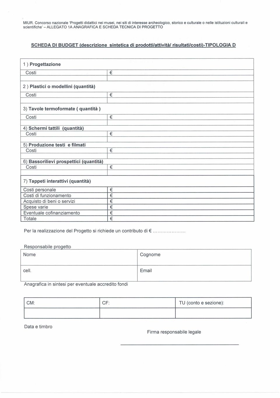 funzionamento Acquisto di beni o servizi Spese varie Eventuale cofinanziamento Totale Per la realizzazione del Progetto si richiede un contributo di.