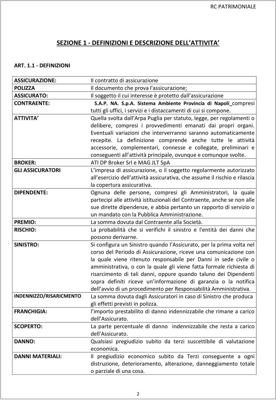 1 - DEFINIZIONI ASSICURAZIONE: POLIZZA ASSICURATO: CONTRAENTE: ATTIVITA BROKER: GLI ASSICURATORI DIPENDENTE: PREMIO: RISCHIO: SINISTRO: INDENNIZZO/RISARICMENTO FRANCHIGIA: SCOPERTO: DANNO: DANNI