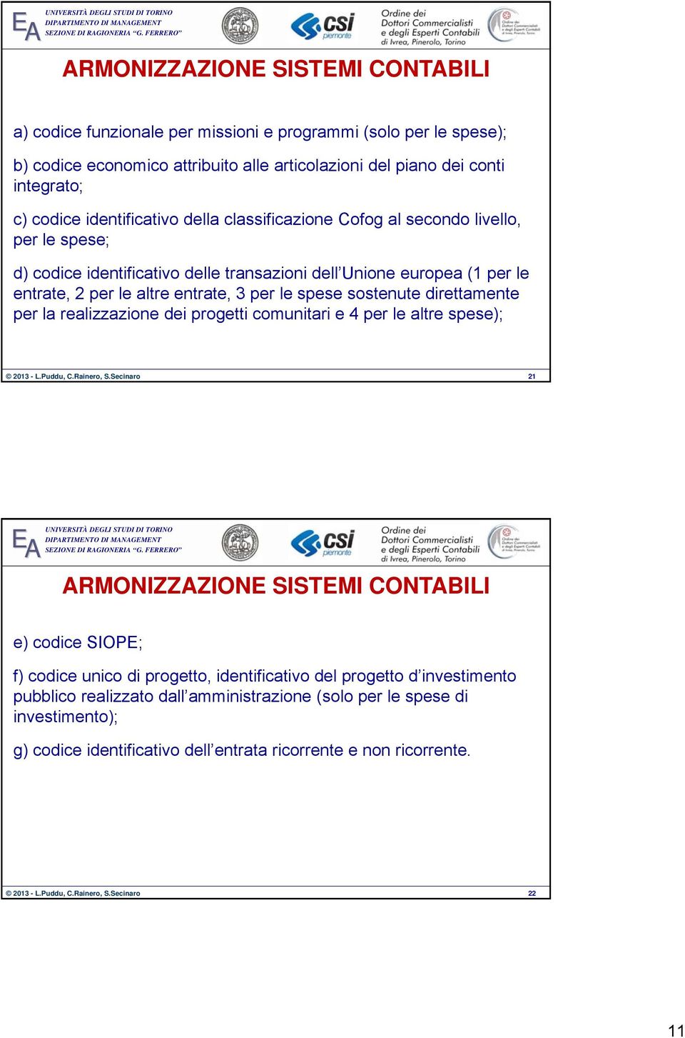 3 per le spese sostenute direttamente per la realizzazione dei progetti comunitari e 4 per le altre spese); 21 E ARMONIZZAZIONE SISTEMI CONTABILI e) codice SIOPE; f) codice unico di