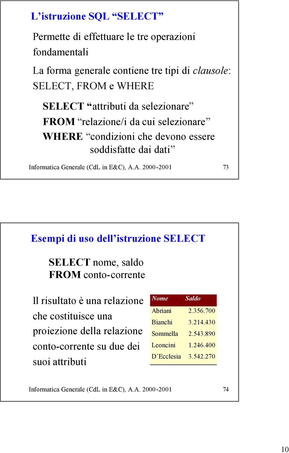 A. 2000-2001 73 Esempi di uso dell istruzione SELECT SELECT nome, saldo FROM conto-corrente Il risultato è una relazione che costituisce una proiezione della relazione