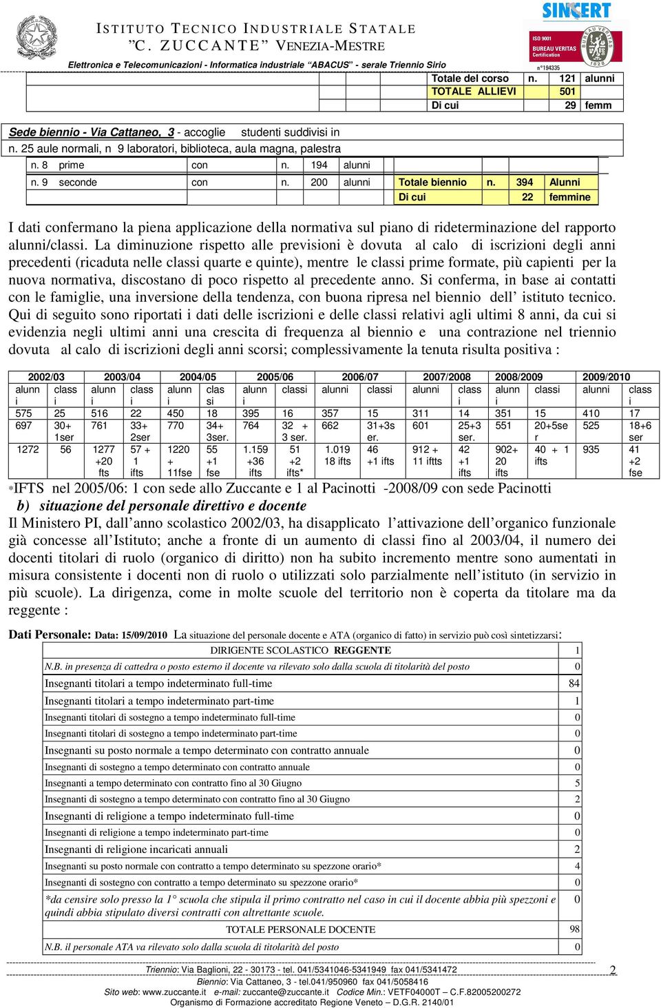 La dmnuzone rspetto alle prevson è dovuta al calo d scrzon degl ann precedent (rcaduta nelle class quarte e qunte), mentre le class prme formate, pù capent per la nuova normatva, dscostano d poco