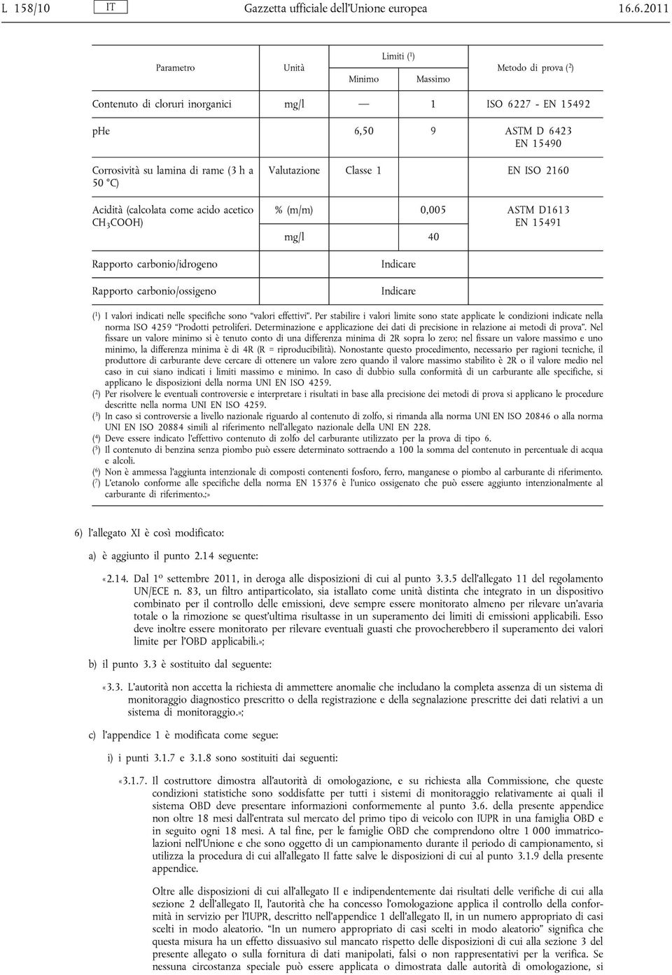 a 50 C) Acidità (calcolata come acido acetico CH 3 COOH) Rapporto carbonio/idrogeno Rapporto carbonio/ossigeno Valutazione Classe 1 EN ISO 2160 % (m/m) 0,005 ASTM D1613 EN 15491 mg/l 40 Indicare