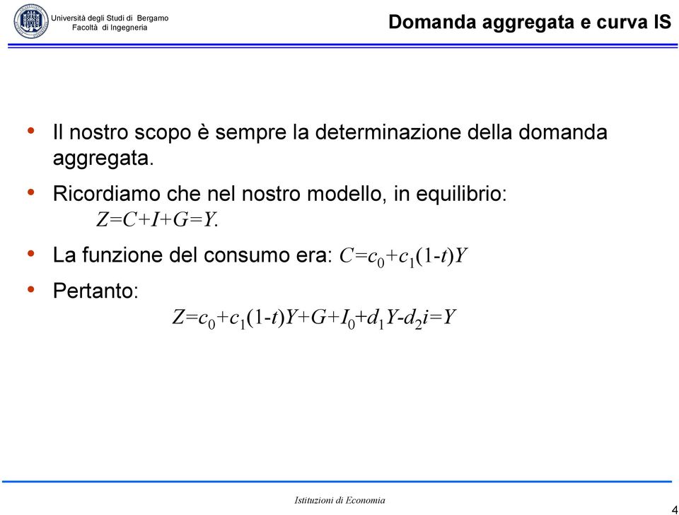 Ricordiamo che nel nostro modello, in equilibrio: Z=C+I+G=Y.