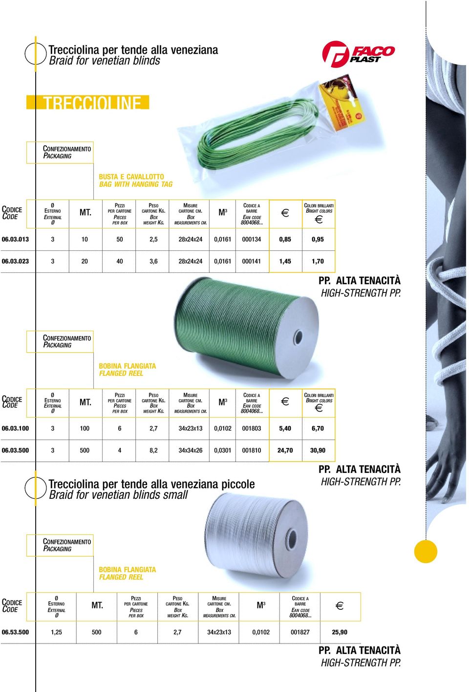 ALTA TENACITÀ HIGH-STRENGTH PP. BOBINA FLANGIATA FLANGED REEL CODICE CODE m PER BOX WEIGHT KG. MEASUREMENTS CM. 8004068... COLORI BRILLANTI ESTERNO PER CARTONE CARTONE KG. CARTONE CM.