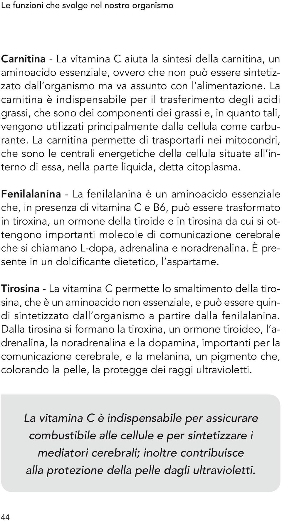 La carnitina è indispensabile per il trasferimento degli acidi grassi, che sono dei componenti dei grassi e, in quanto tali, vengono utilizzati principalmente dalla cellula come carburante.