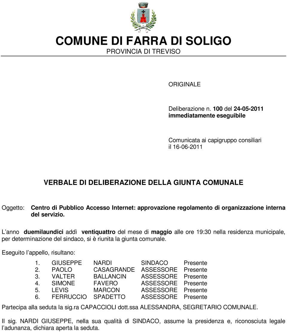 approvazione regolamento di organizzazione interna del servizio.