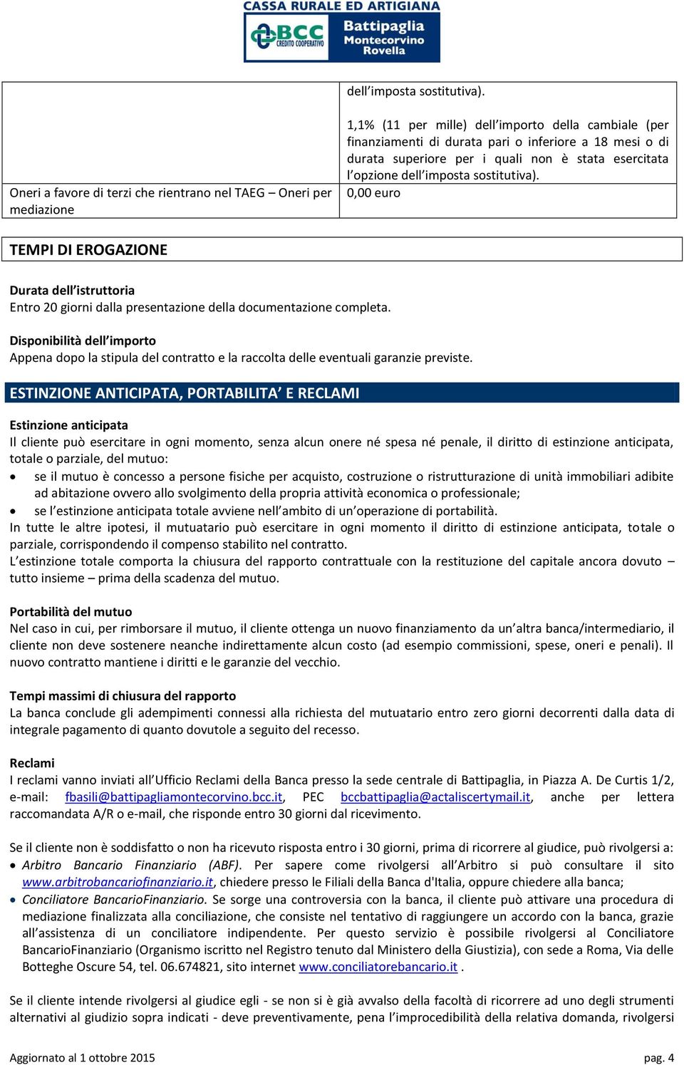 quali non è stata esercitata l opzione  TEMPI DI EROGAZIONE Durata dell istruttoria Entro 20 giorni dalla presentazione della documentazione completa.