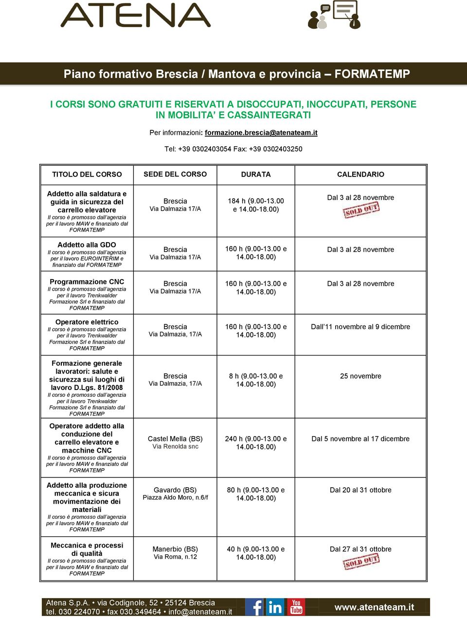 00 e Dal 3 al 28 novembre Addetto alla GDO per il lavoro EUROINTERIM e finanziato dal Brescia Via Dalmazia 17/A e Dal 3 al 28 novembre Programmazione CNC Brescia Via Dalmazia 17/A e Dal 3 al 28