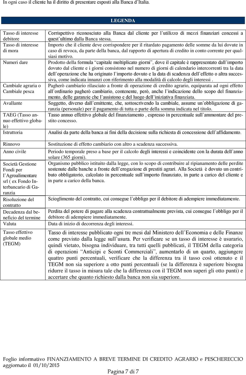 Gestione Fondi per l Agroalimentare srl ( ex Fondo Interbancario di Garanzia Risoluzione del contratto Decadenza dal beneficio del termine Valuta Tasso effettivo globale medio (TEGM) Corrispettivo