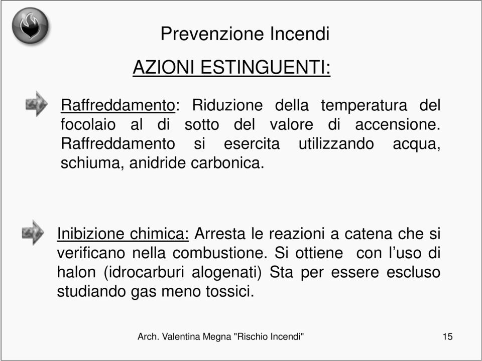 Inibizione chimica: Arresta le reazioni a catena che si verificano nella combustione.