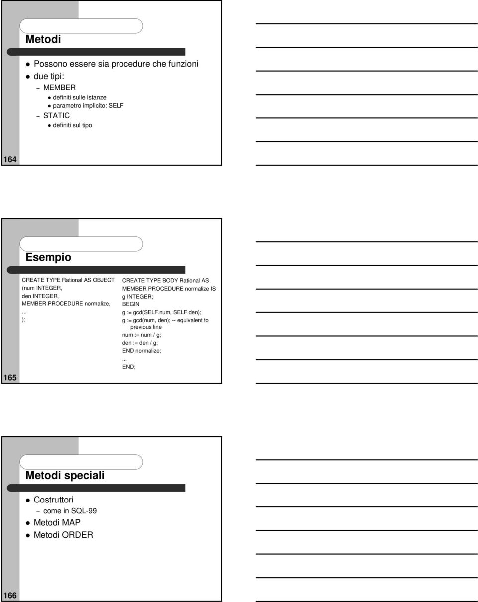 .. ); CREATE TYPE BODY Rational AS MEMBER PROCEDURE normalize IS g INTEGER; BEGIN g := gcd(self.num, SELF.