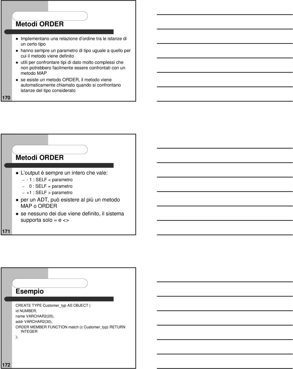 considerato Metodi ORDER L output è sempre un intero che vale: - 1 : SELF < parametro 0 : SELF = parametro +1 : SELF > parametro per un ADT, può esistere al più un metodo MAP o ORDER se nessuno dei
