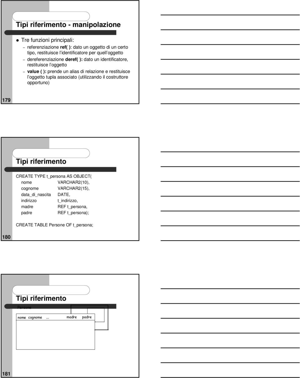 associato (utilizzando il costruttore opportuno) 179 Tipi riferimento CREATE TYPE t_persona AS OBJECT( nome VARCHAR2(10), cognome VARCHAR2(15),