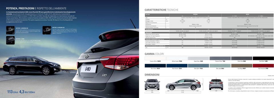 Hyundai i40, disponibile con trasmissione manuale a 6 marce o automatica, offre di serie un sistema frenante completo di ABS, EBD ed ESP (sistema di controllo della stabilità) e HAC (sistema di